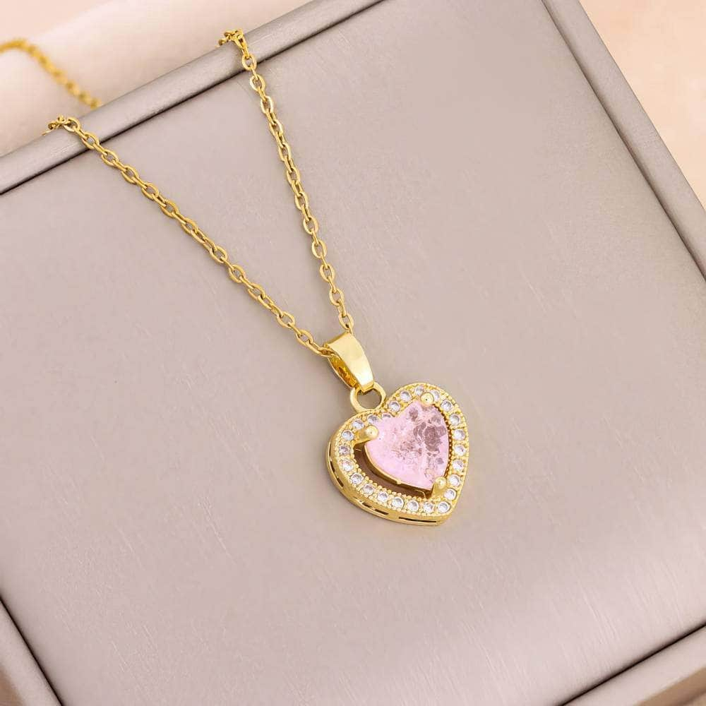 Temperament Sweet Ice Flower Crystal Heart Pendant Necklaces - Trendy Neck Chain for Women 8038 pink