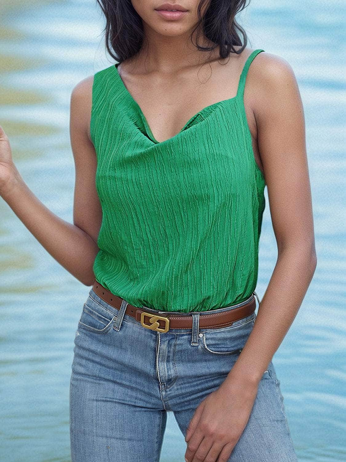 Textured Asymmetrical Neck Bodysuit Mid Green / S