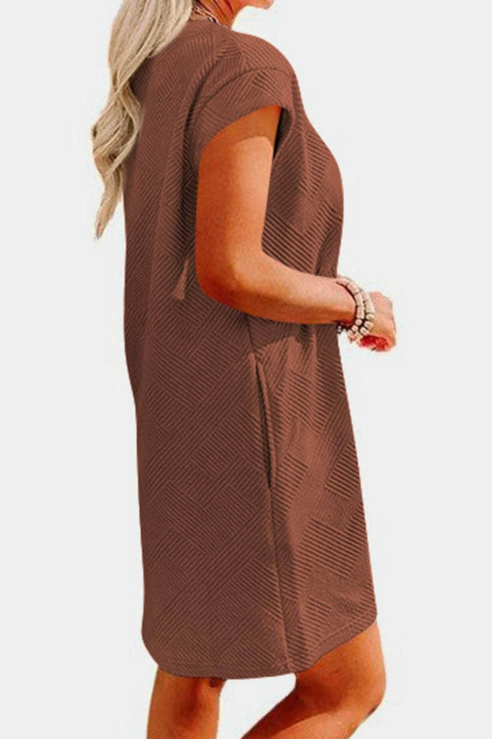 Textured Round Neck Cap Sleeve Dress Brown / S