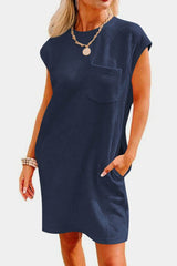 Textured Round Neck Cap Sleeve Dress Dark Blue / S