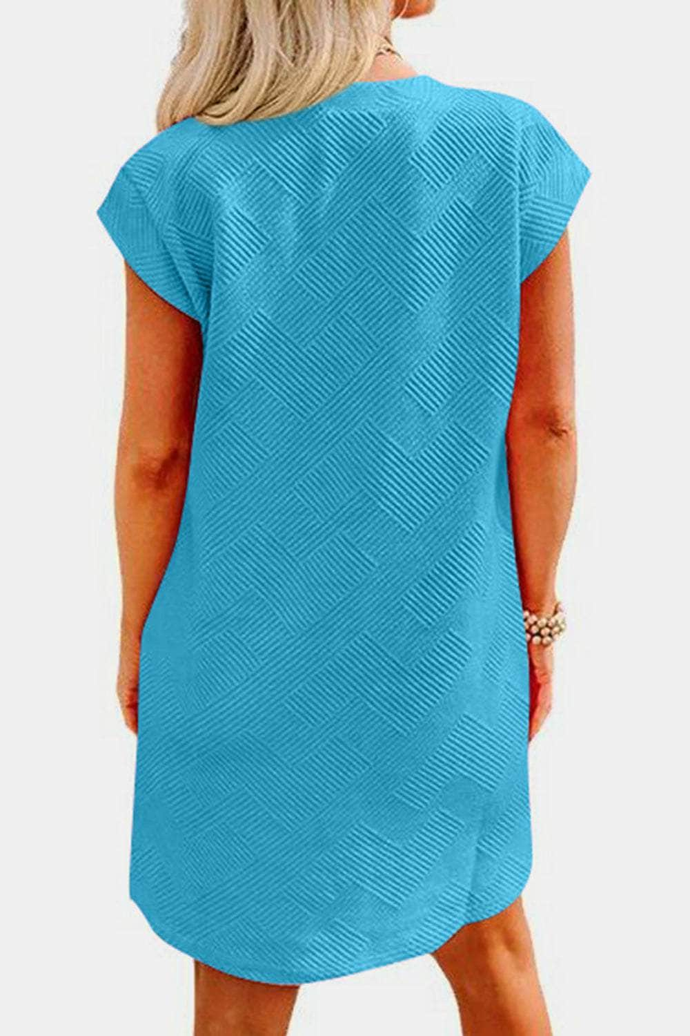 Textured Round Neck Cap Sleeve Dress Sky Blue / S