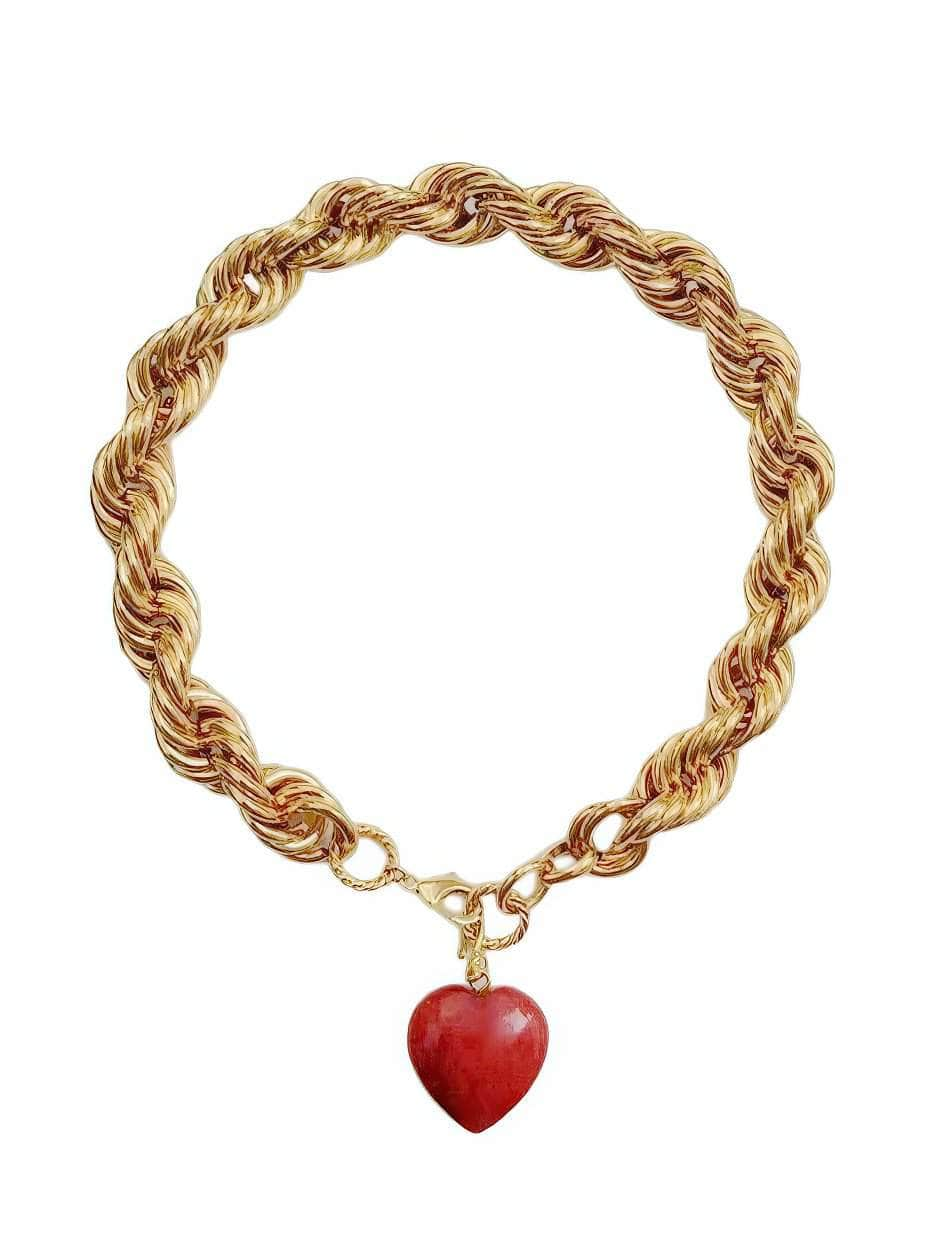 Thick Twisted Chunky Heart Pendant Gold Necklace Red