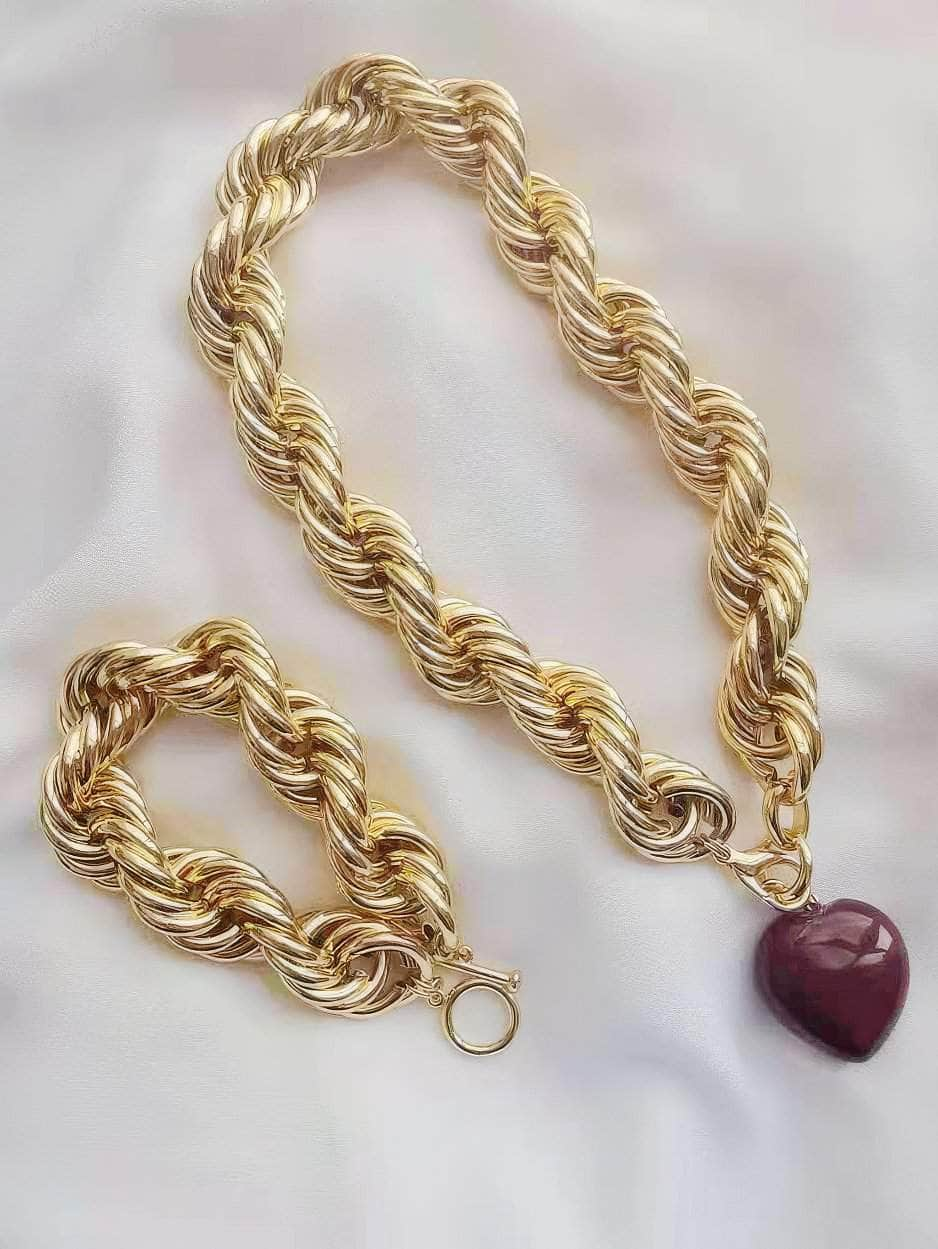 Thick Twisted Chunky Heart Pendant Gold Necklace Red