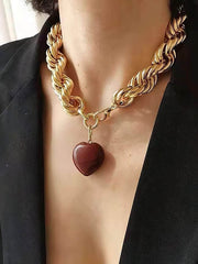 Thick Twisted Chunky Heart Pendant Gold Necklace Red