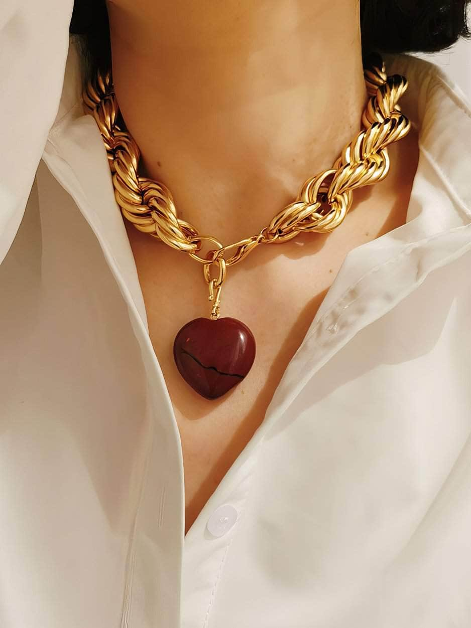 Thick Twisted Chunky Heart Pendant Gold Necklace Red