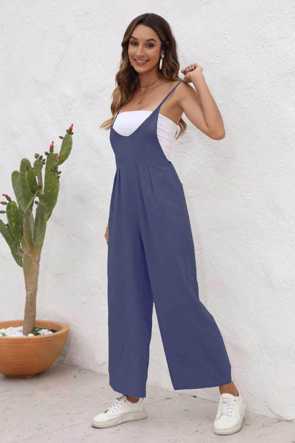 Tie Back Sleeveless Wide Leg Jumpsuit Dusty Blue / S