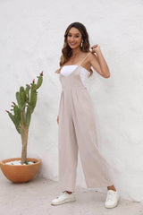 Tie Back Sleeveless Wide Leg Jumpsuit Tan / S