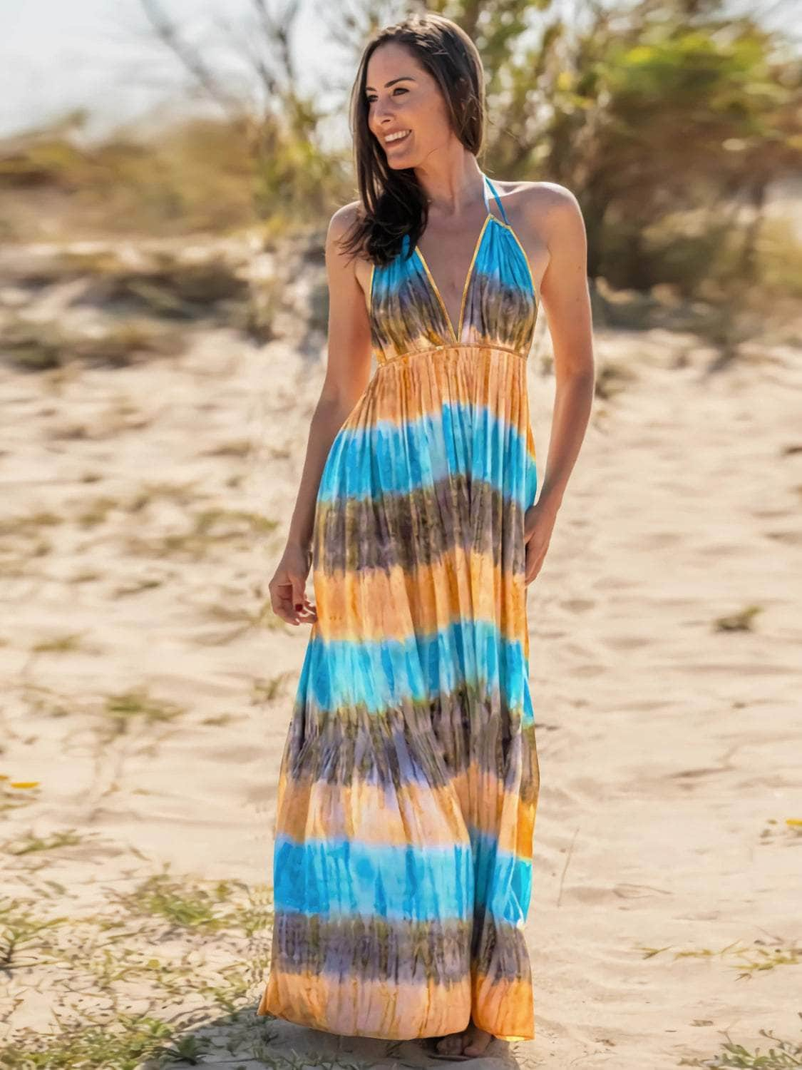 Tie-Dye Halter Neck Sleeveless Dress Dark Blue / S