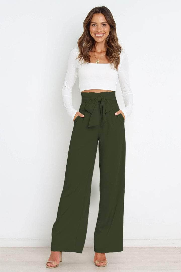 Tie Front Paperbag Wide Leg Pants Army Green / S