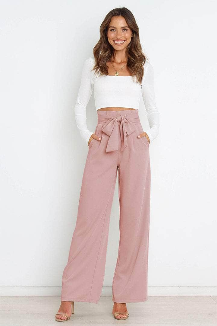 Tie Front Paperbag Wide Leg Pants Blush Pink / S