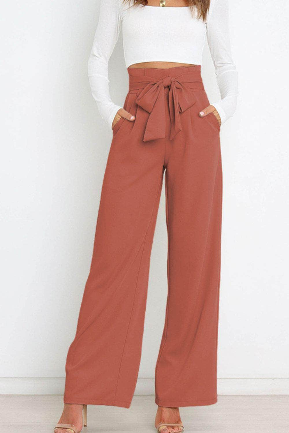 Tie Front Paperbag Wide Leg Pants Brick / S