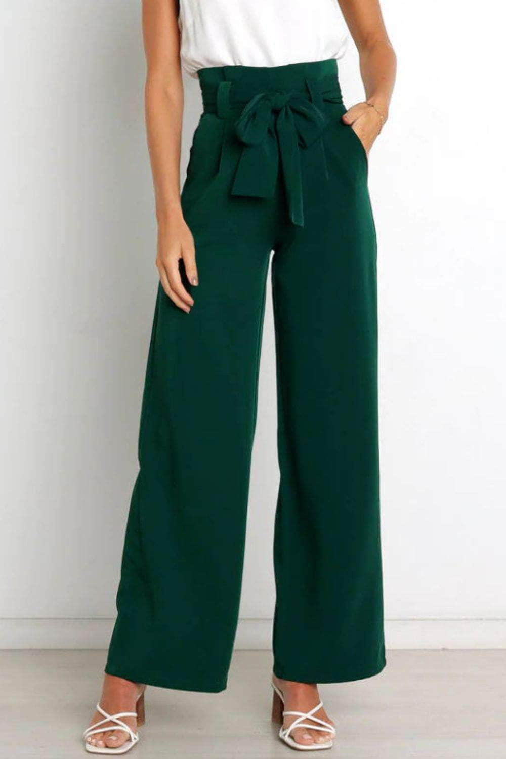 Tie Front Paperbag Wide Leg Pants Forest / S