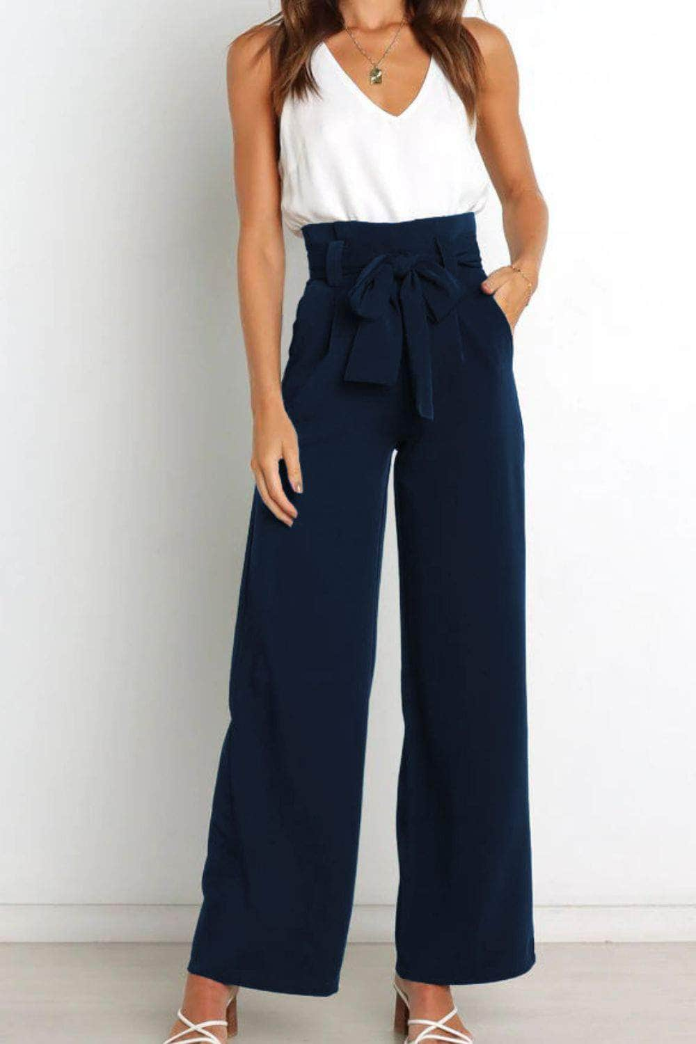 Tie Front Paperbag Wide Leg Pants Navy / S