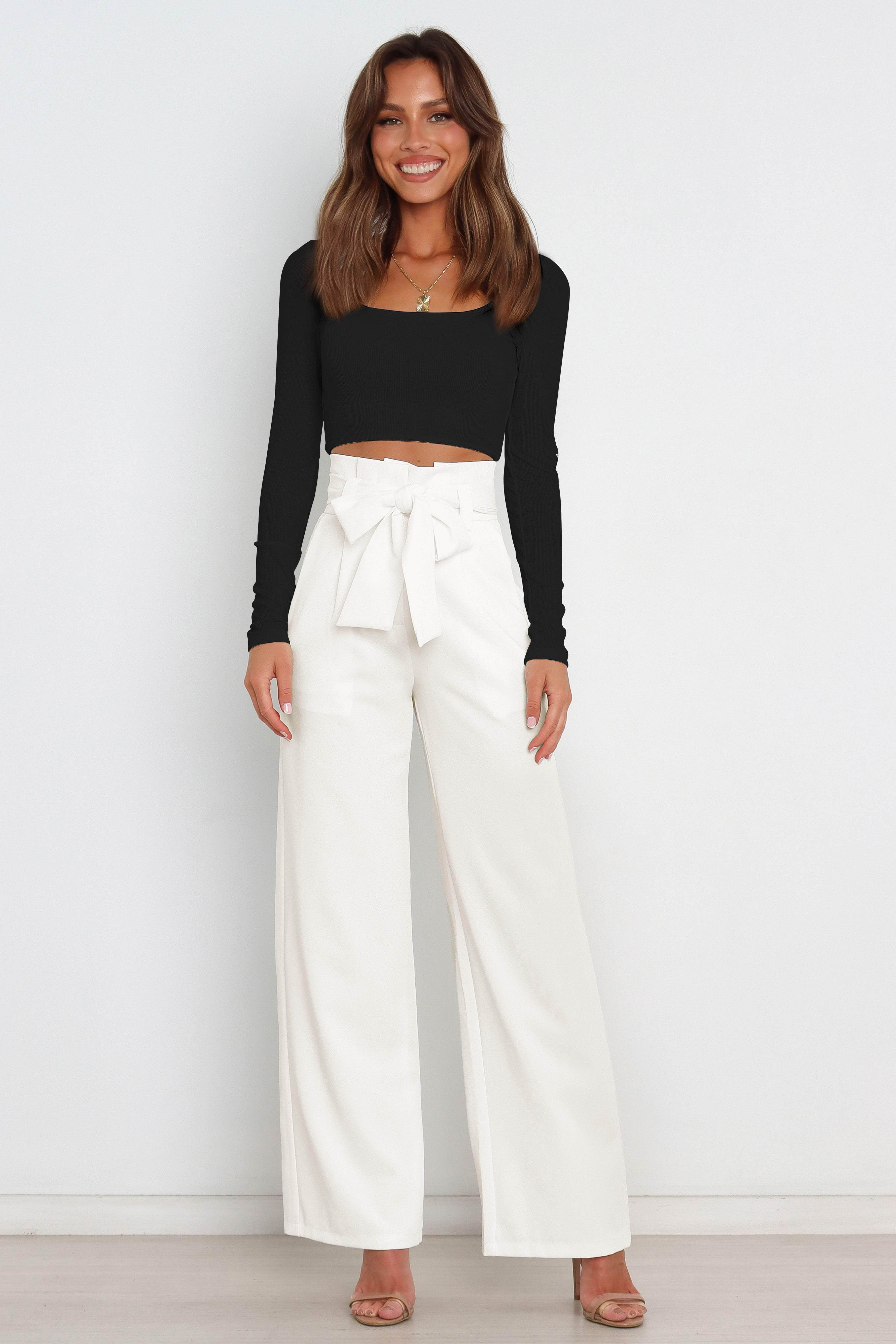 Tie Front Paperbag Wide Leg Pants White / S