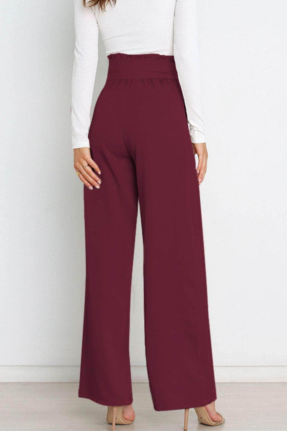 Tie Front Paperbag Wide Leg Pants Wine / S