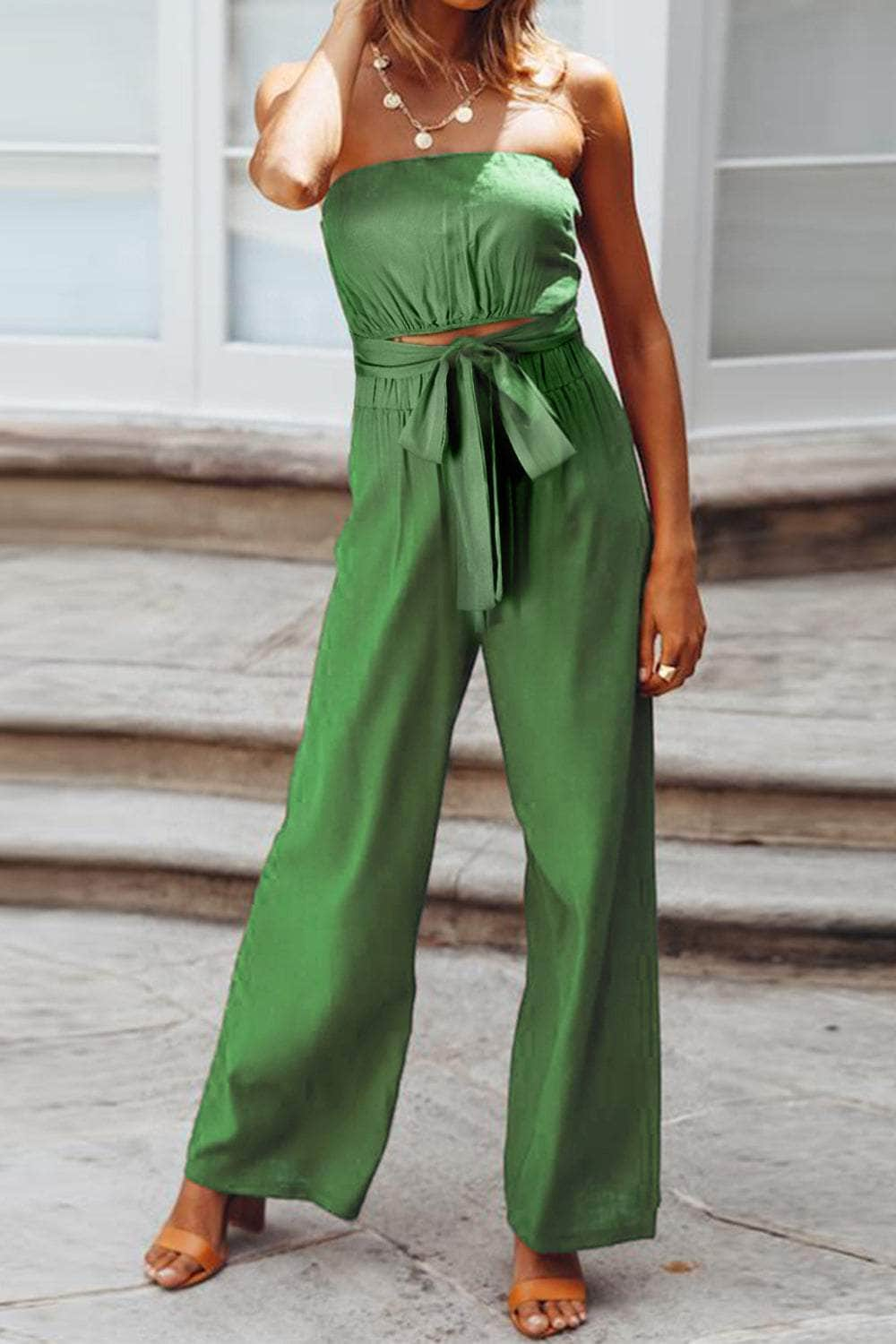 Tied Cutout Tube Wide Leg Jumpsuit Green / S