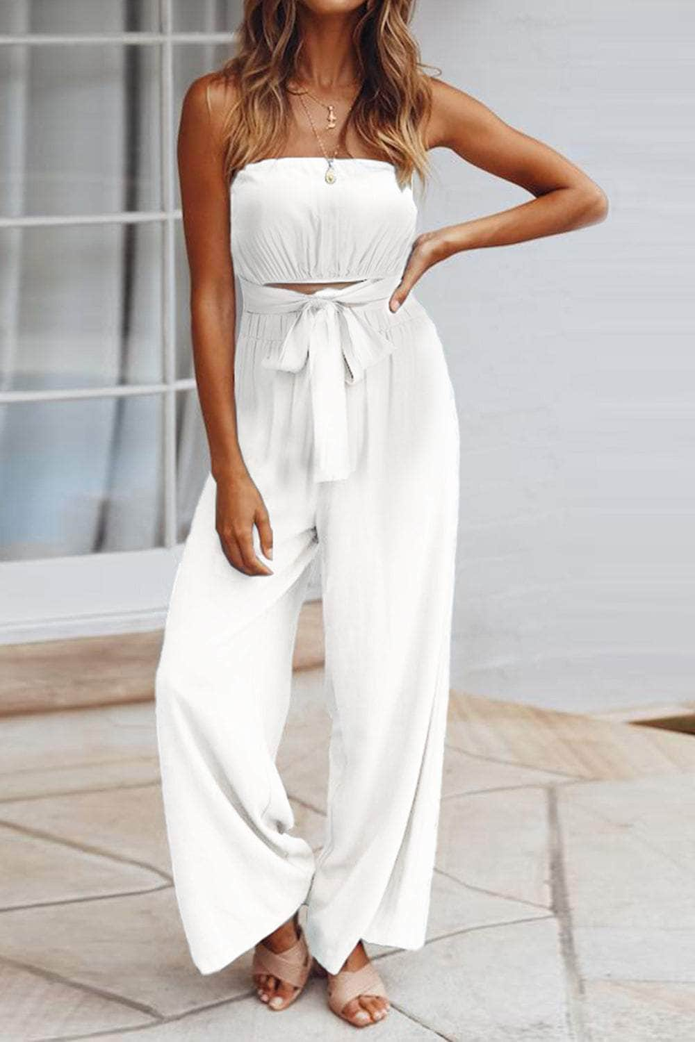 Tied Cutout Tube Wide Leg Jumpsuit White / S