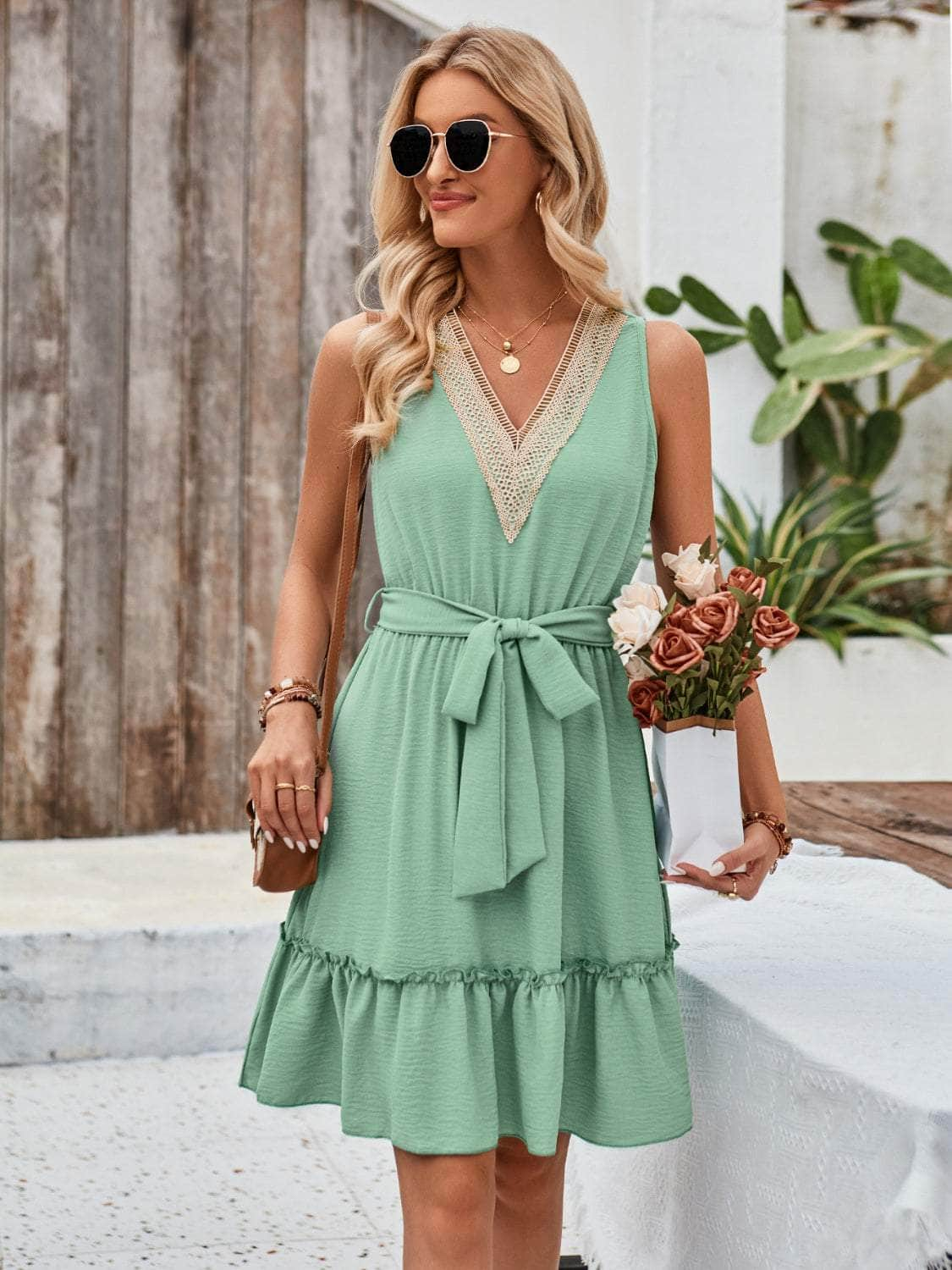 Tied Frill Sleeveless Mini Dress Gum Leaf / S