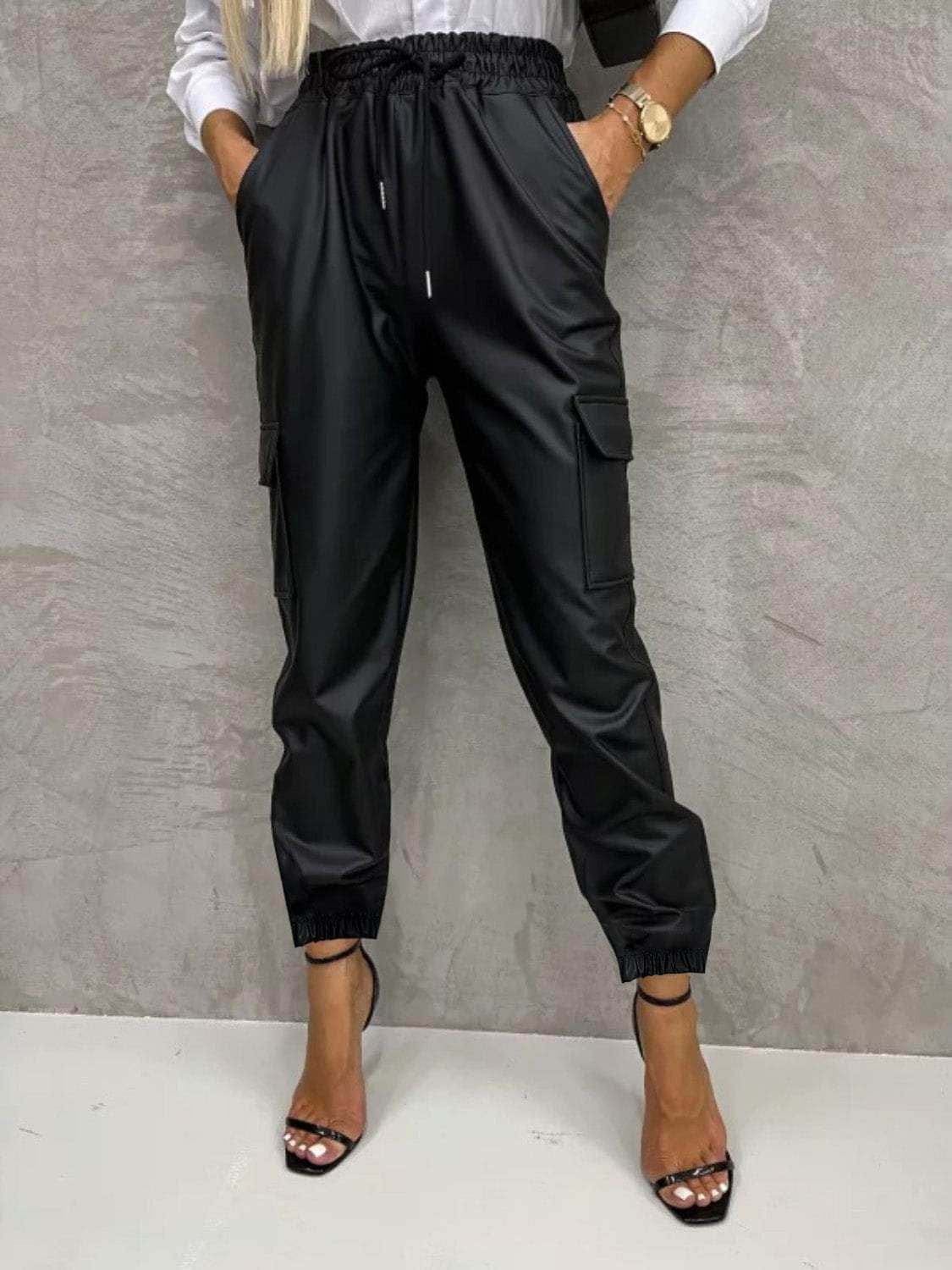 Tied High Waist Pants with Pockets Black / S