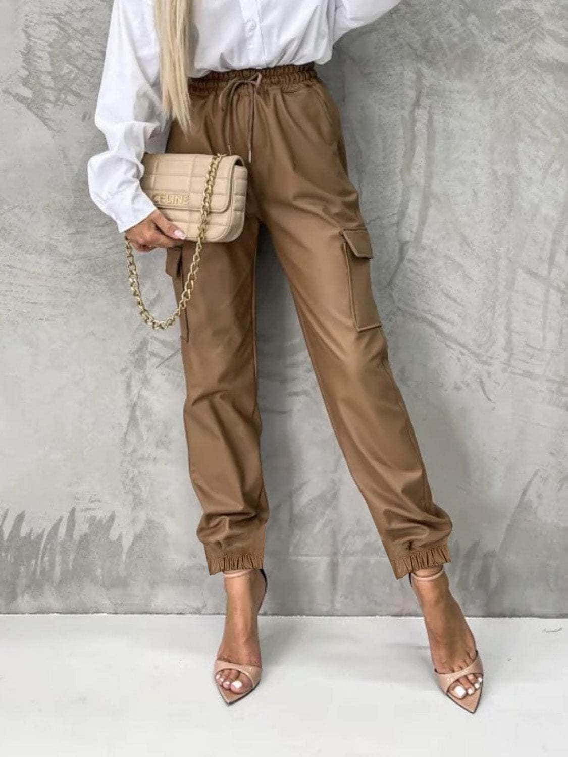 Tied High Waist Pants with Pockets Caramel / S