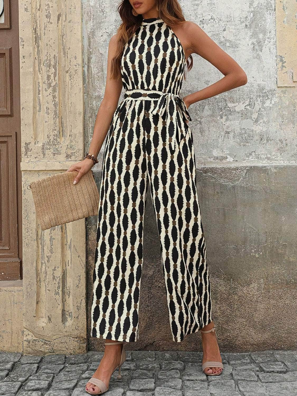 Tied Printed Grecian Neck Jumpsuit Cream / S