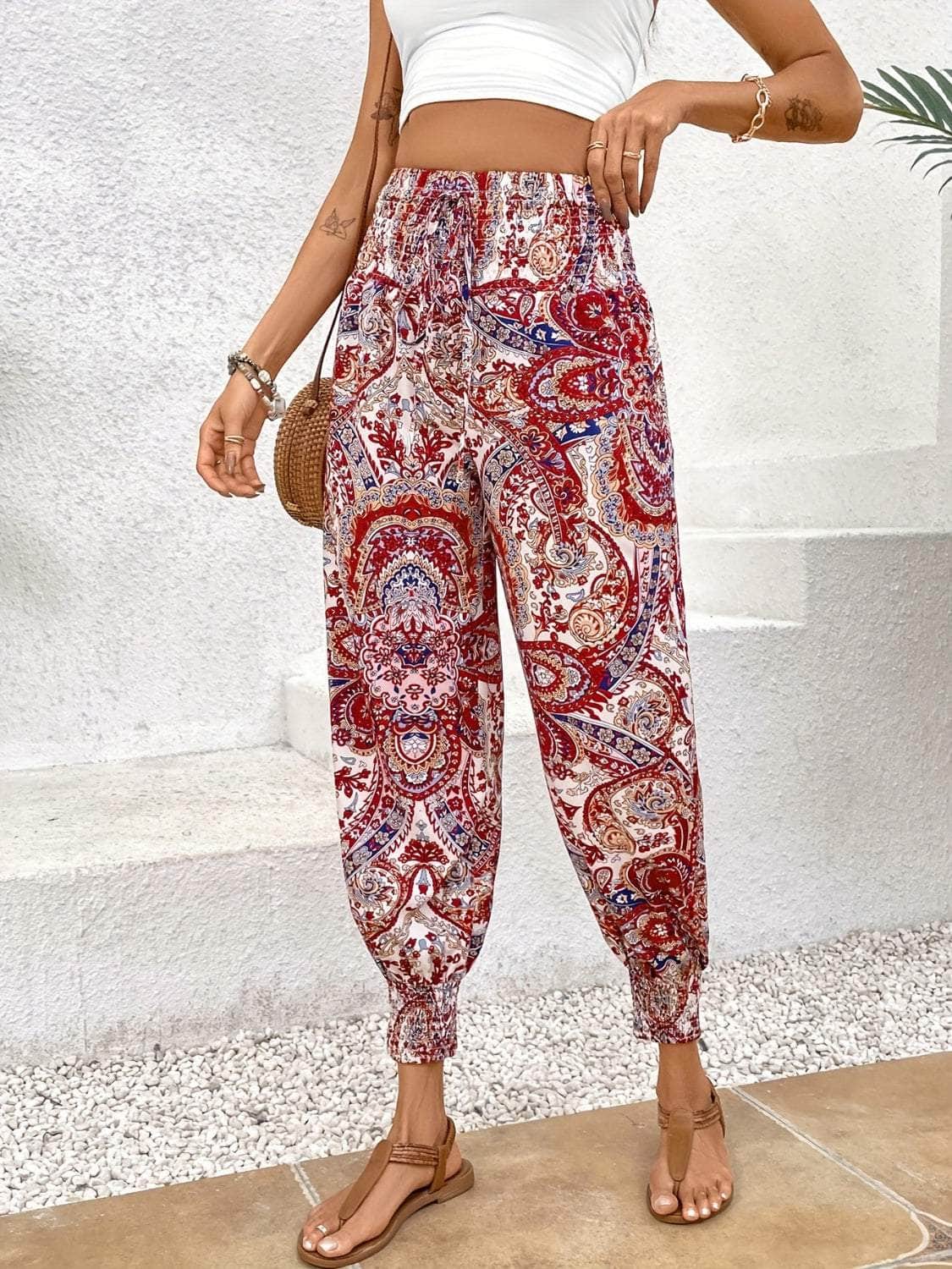 Tied Printed High Waist Pants Multicolor / S