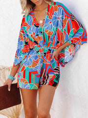 Tied Printed Kimono Sleeve Romper Multicolor / S