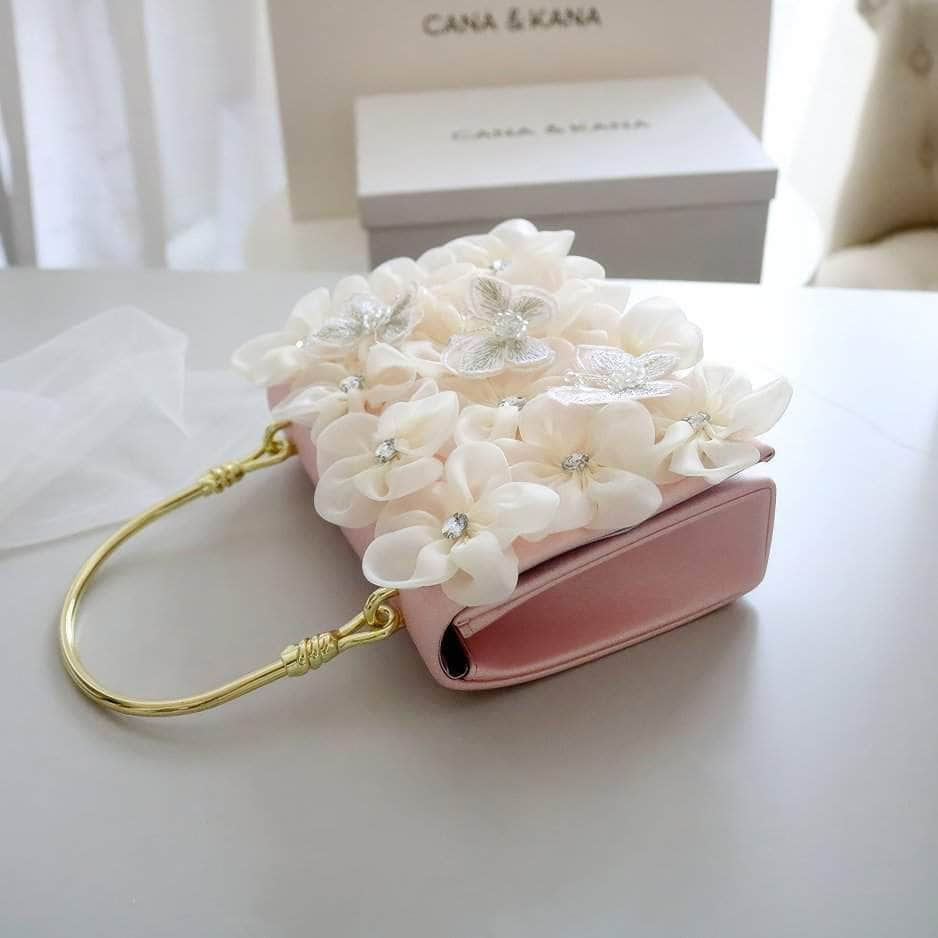 Top Handle 3D Floral Metal Embellished Clutch Purse Pink