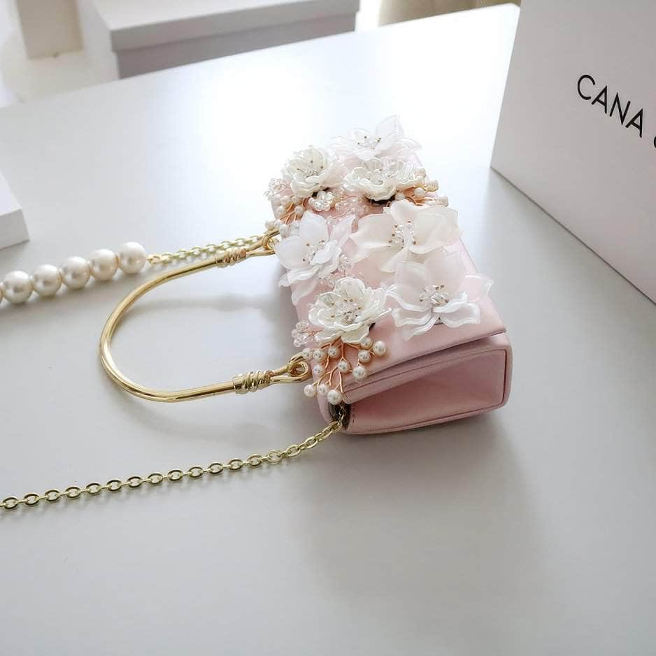 Top Handle 3D Floral Metal Embellished Clutch Purse Pink