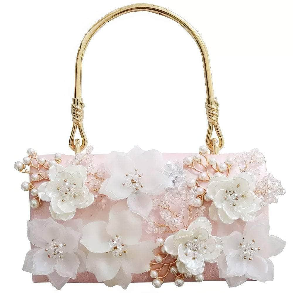 Top Handle 3D Floral Metal Embellished Clutch Purse Pink