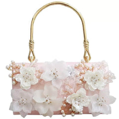 Top Handle 3D Floral Metal Embellished Clutch Purse Pink