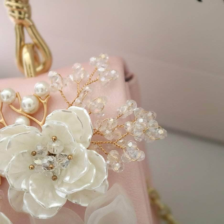 Top Handle 3D Floral Metal Embellished Clutch Purse Pink