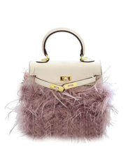 Top Handle Feather Metallic Twist Lock Decor Bag Ivory