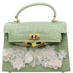 Top Handle Floral Decor Croc Handbag