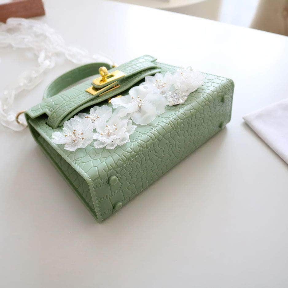 Top Handle Floral Decor Croc Handbag