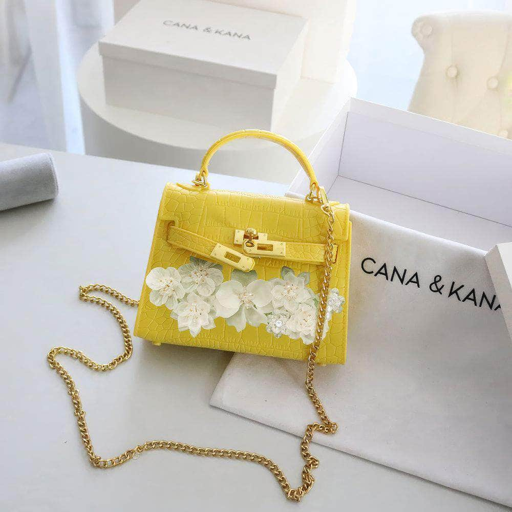 Top Handle Floral Decor Croc Handbag Yellow