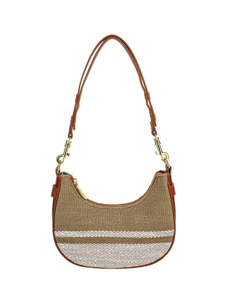 Top Handle Straw Woven Shoulder Purse Tan with White