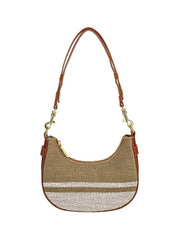 Top Handle Straw Woven Shoulder Purse Tan with White