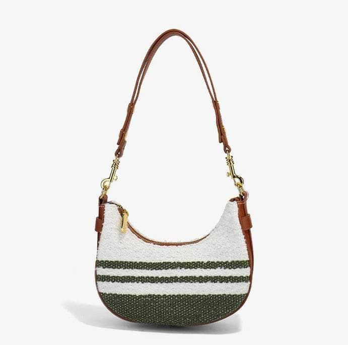 Top Handle Straw Woven Shoulder Purse White with Green