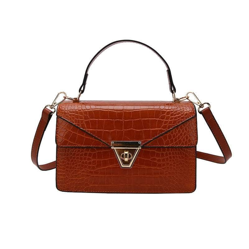 Top Handle Vegan Leather Croc Skin Bag Brown