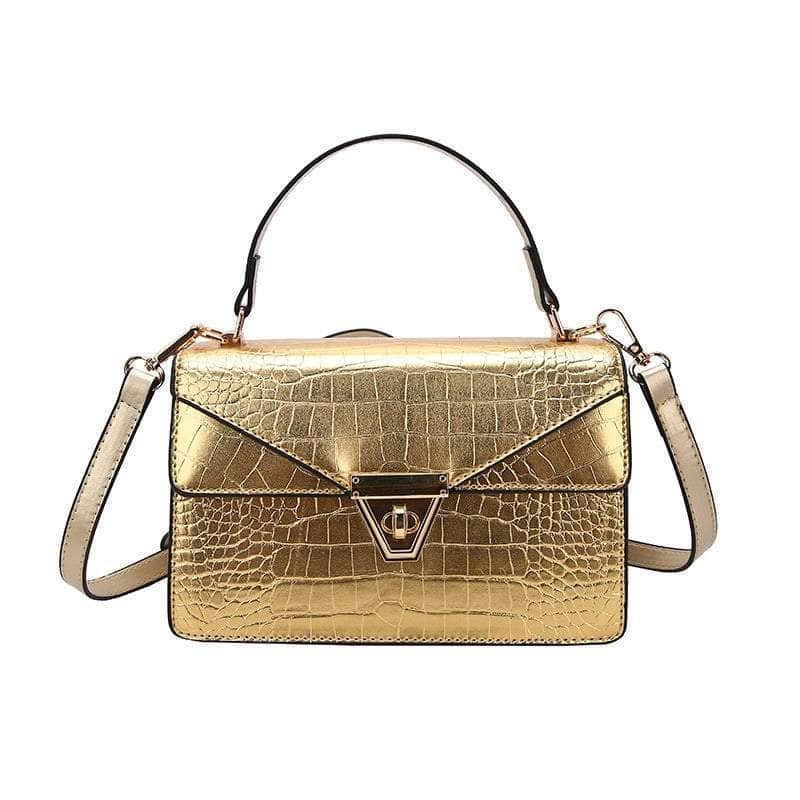 Top Handle Vegan Leather Croc Skin Bag Gold