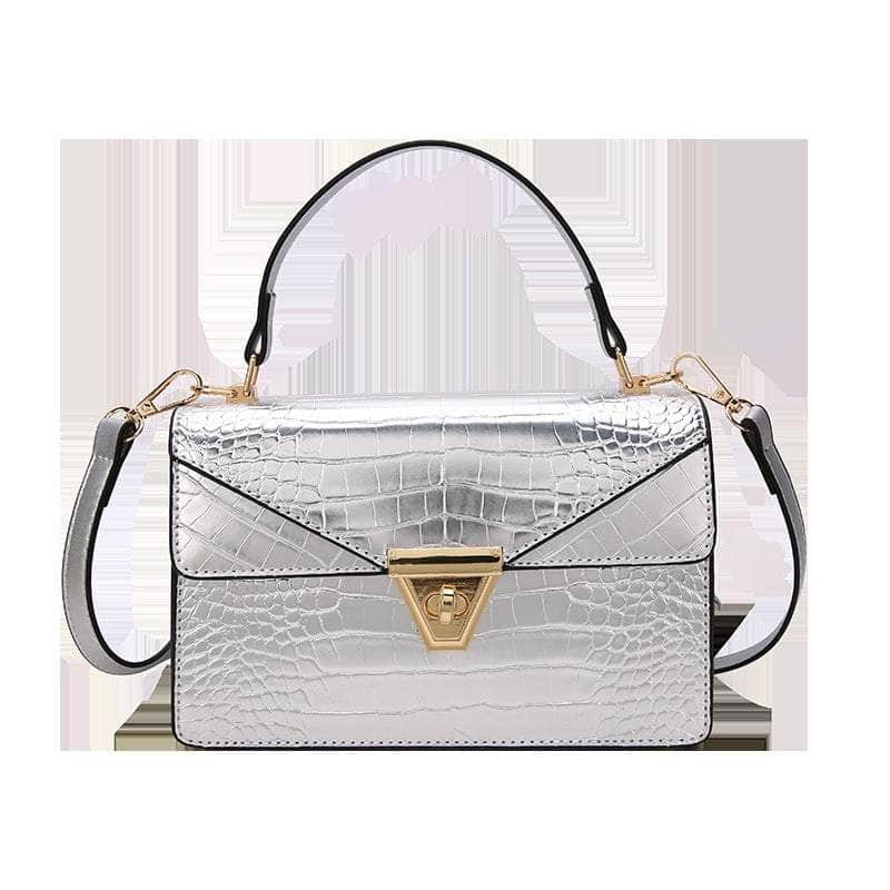 Top Handle Vegan Leather Croc Skin Bag Silver