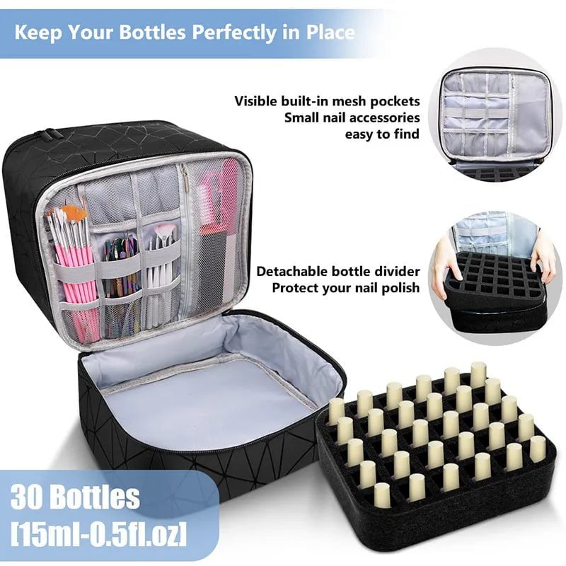 Travel-Friendly Nail Polish Storage Bag with Handle and 2 Layers black