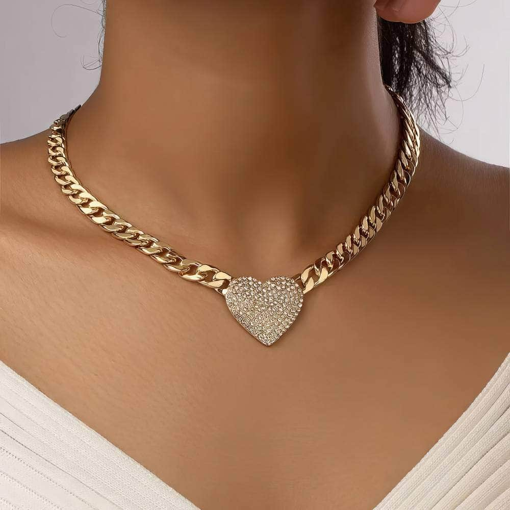 Trendy Heart Shape Pendant Glass Stone Metal Necklace Bracelet Set - Collarbone Chain for Women