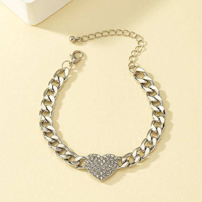 Trendy Heart Shape Pendant Glass Stone Metal Necklace Bracelet Set - Collarbone Chain for Women CN060-Bracelet 02