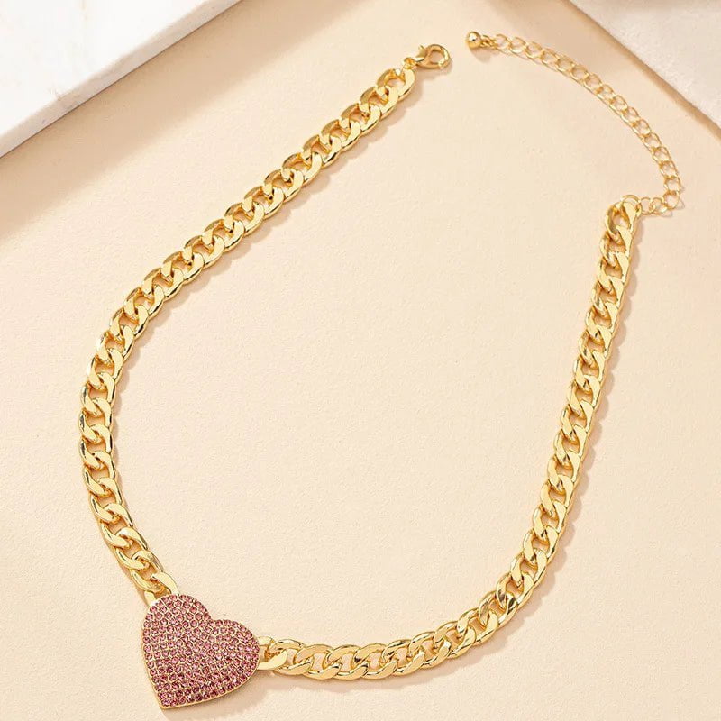 Trendy Heart Shape Pendant Glass Stone Metal Necklace Bracelet Set - Collarbone Chain for Women CN060-necklace 03