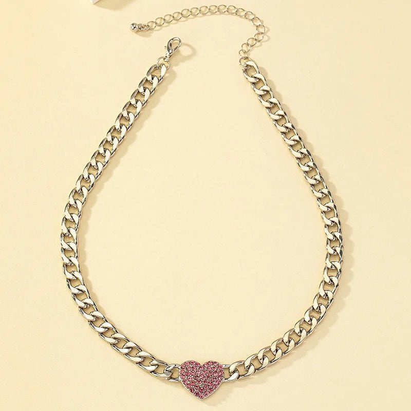 Trendy Heart Shape Pendant Glass Stone Metal Necklace Bracelet Set - Collarbone Chain for Women CN060-necklace 04