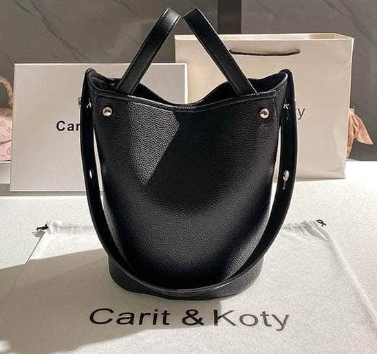 Trendy Vegan Shoulder Bucket Bag Black