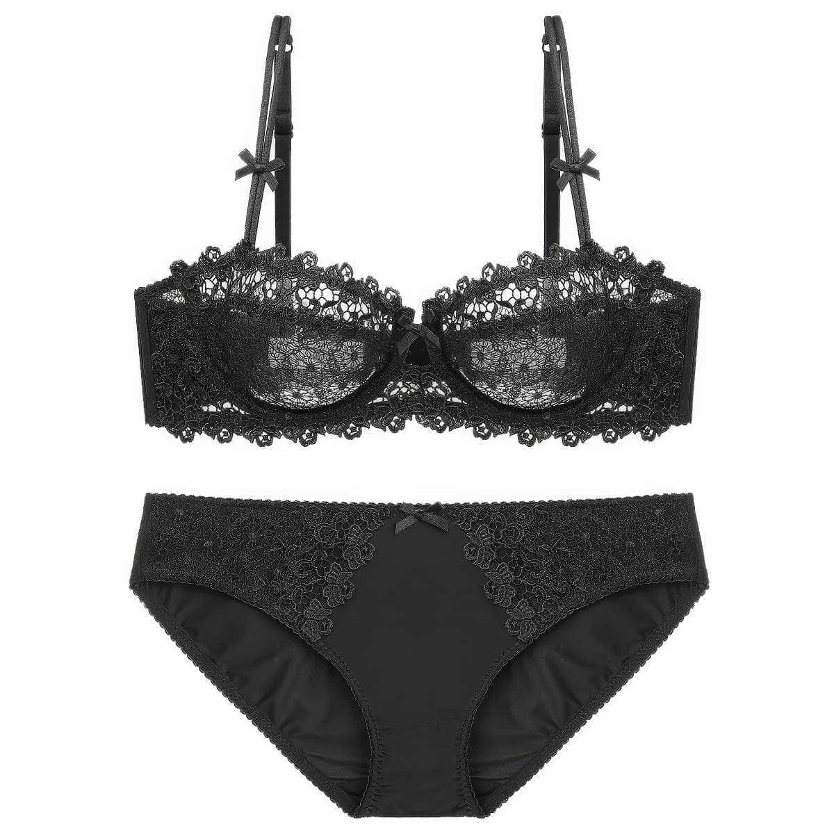Trimmed Floral Embroidered Double Strap Bra Panty Set