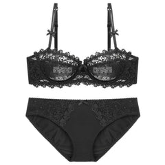 Trimmed Floral Embroidered Double Strap Bra Panty Set 80D / Black